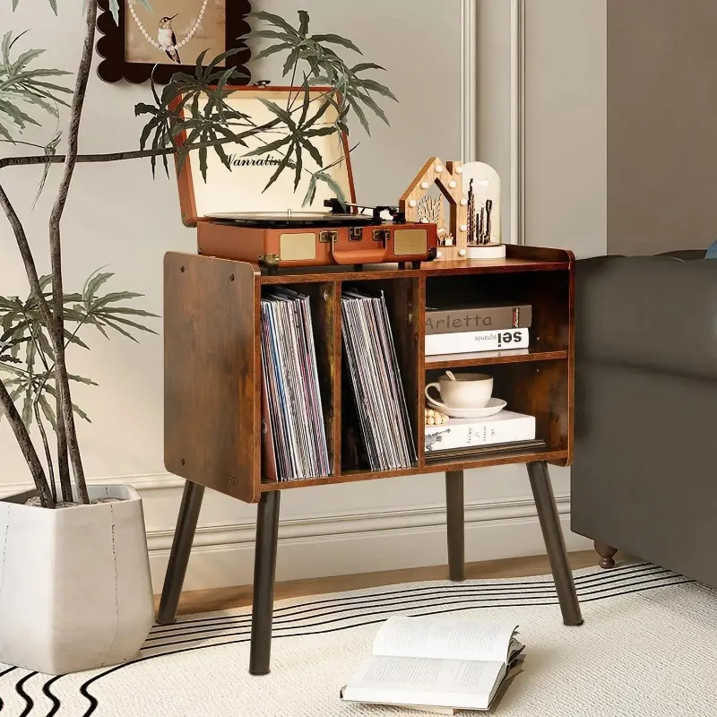 Retrolife Mid-Century Turntable Table with Storage for 150+ Albums, wood stand with adjustable shelves