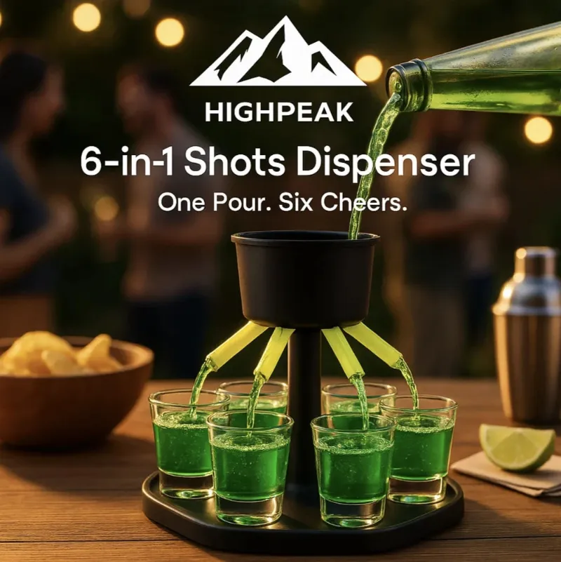HighPeak 6-in-1 Shots Dispenser pouring six shots evenly into cups on its stand