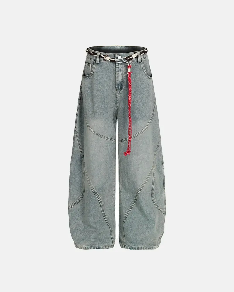 INFLATION Acid Wash Stitching Baggy Jeans in light wash denim with rope belt waist and curved seam detail