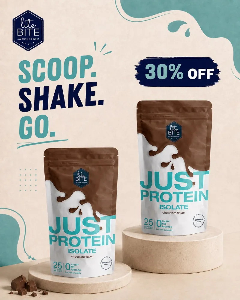 LiteBite Egypt Just Protein Isolate Chocolate container with nutrition facts and chocolate flavor whey protein powder