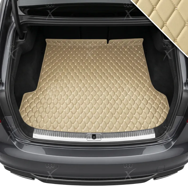 Luxus Car Mats Diamond Base Series trunk mat in Cream Beige showing diamond-stitched leather and full cargo coverage