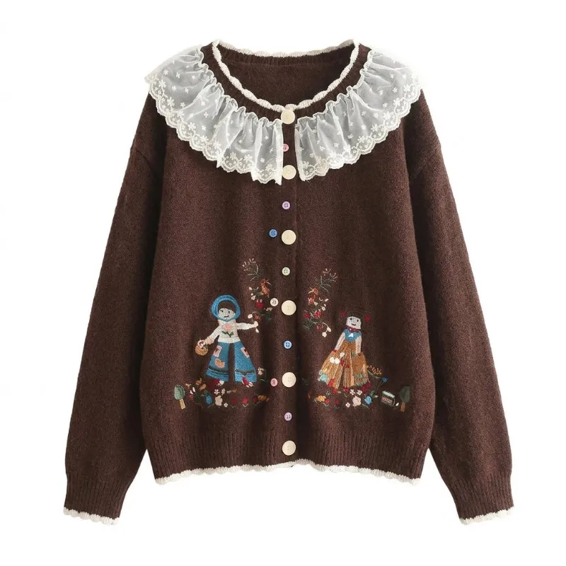 Cottagecore Clothes Cottagecore Garden Embroidered Lace Cardigan Coat in chocolate brown with embroidered characters and lace collar