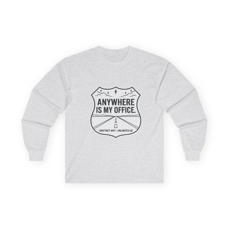 SwiftNetllc Anywhere Is My Office Long-Sleeve Tee with retro badge print on soft cotton shirt