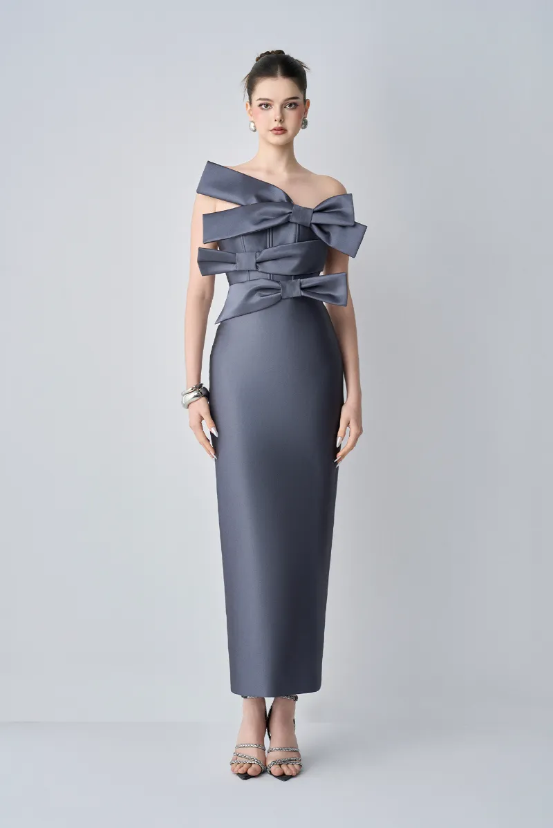 Kalisa Cindra Couture Bandeau 3D Bows Maxi Dress shown on model