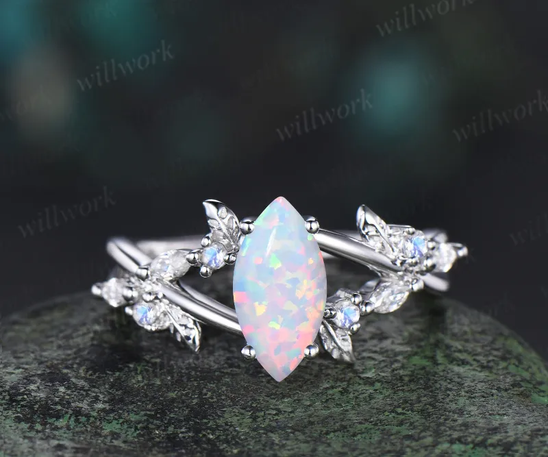 WillWork Jewelry 1ct marquise opal engagement ring, infinity leaf moonstone promise ring