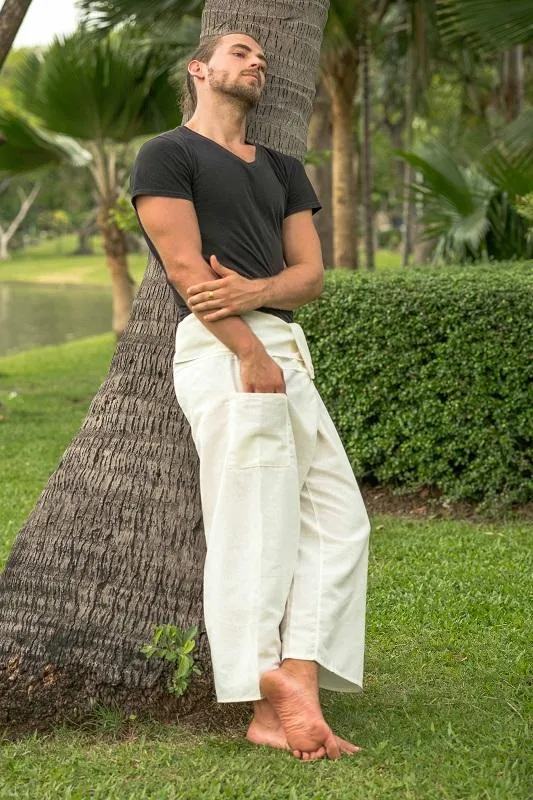 Hippie Pants Men's White Fisherman Pants, wrap-style cotton pants photographed flat