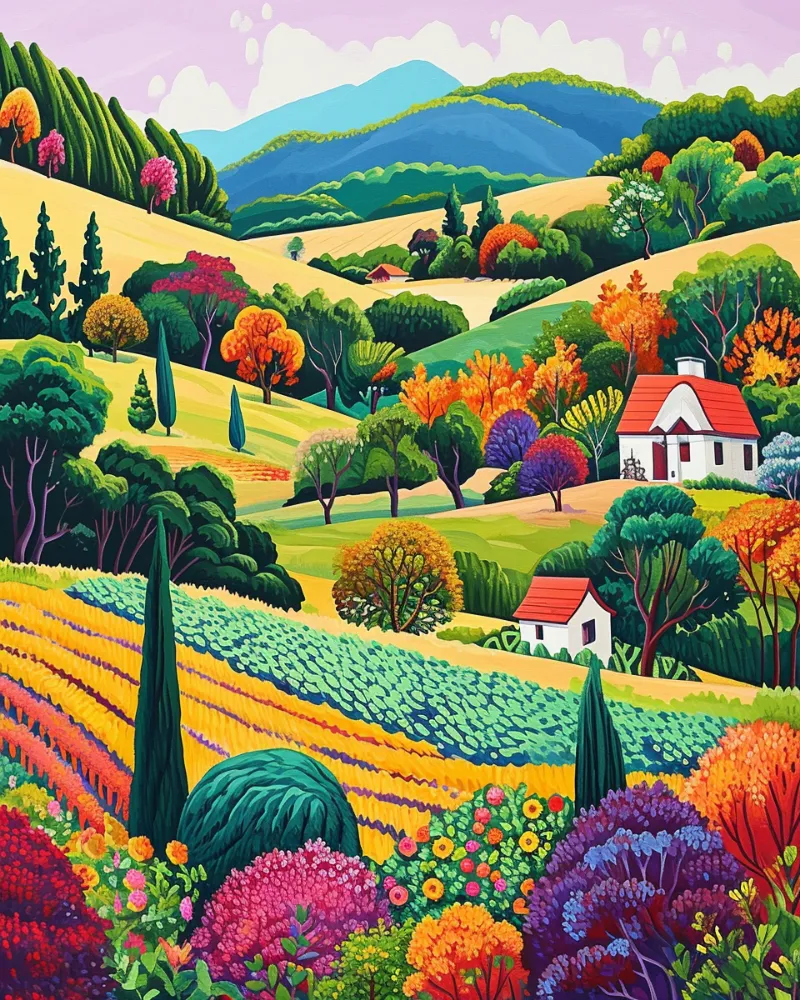 Maikoo Art Autumn Countryside Paint by Numbers kit showing rural fall landscape