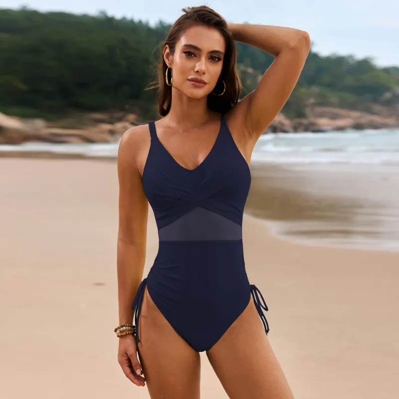 BIANKINA Drawstring Ruched V-Neck One-Piece Swimwear with crisscross detailing