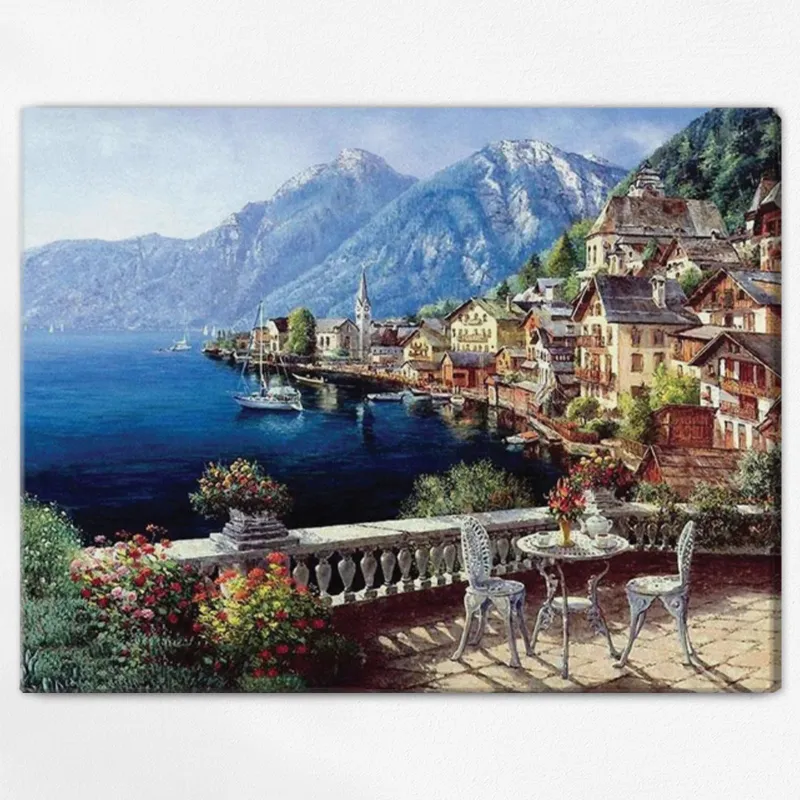Maikoo Art Hallstatt Lake Paint by Numbers kit showing Alpine village reflected in calm water