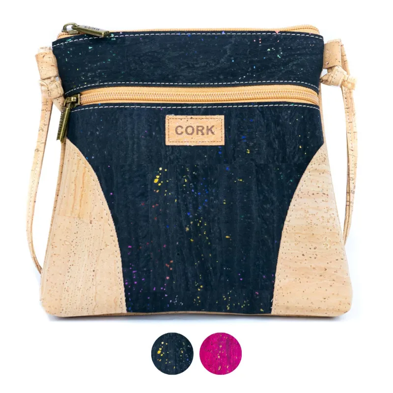 Corkadia Cork Crossbody Bag in natural cork with bright blue or pink accents and zipper pocket