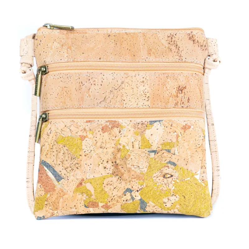 Corkadia Cork Crossbody Bag with Triple Zippers in natural cork with marbled pattern and adjustable strap