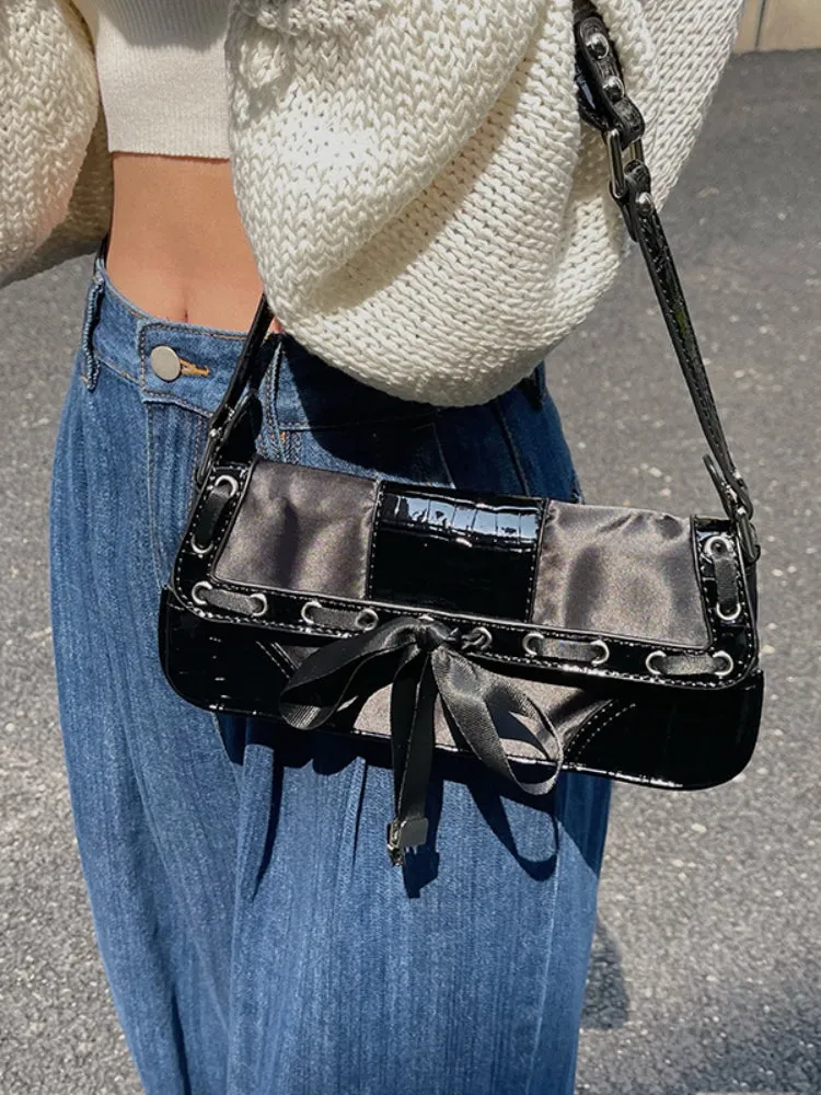 Juwas Ballet Style Lace-up Bow Underarm Crossbody Bag in black leather.