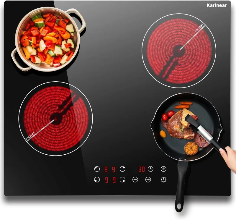 Karinear Appliances 24 Inch 4 Burner Built-in Electric Cooktop with Residual Heat Indicator, black glass top with 4 cooking zones