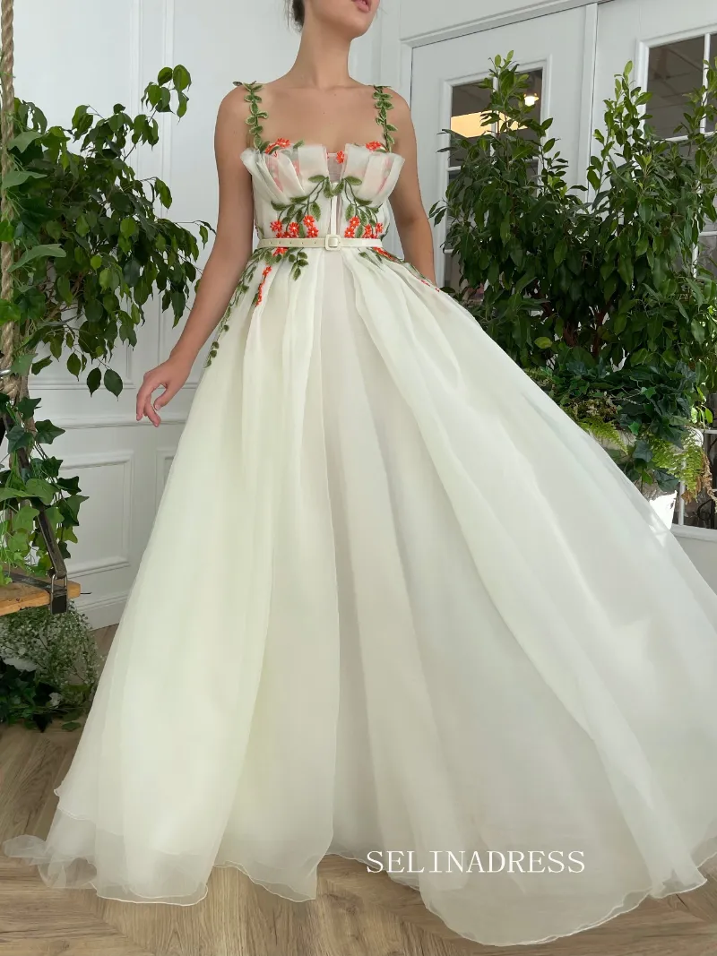 Selinadress A-line Ivory Floral Long Prom Dresses Gown With Side pockets TUN004 showing embroidered details