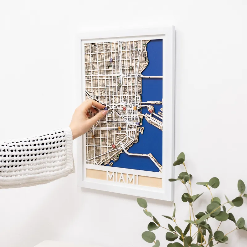 Enjoy The Wood 3D City Map Miami multi-layered wooden wall art showing South Florida street grid