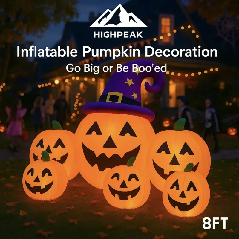 HighPeak 8FT Inflatable Pumpkin Decoration, glowing jack-o-lanterns with a giant witch hat on a lawn