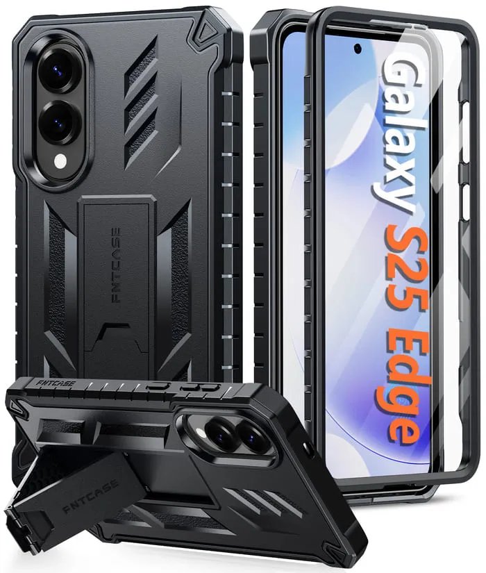 FNTCASE OFFICIAL military grade phone case with built-in screen protector and kickstand for Samsung Galaxy S25 Edge