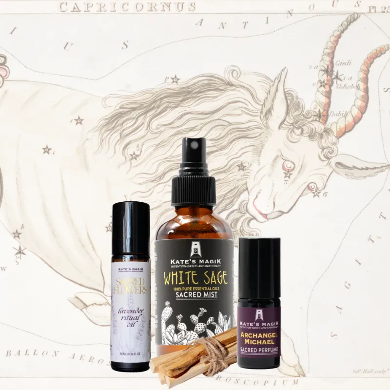 Kates Magik Capricorn Zodiac Gift set with lavender roll-on, white sage mist, Archangel Michael perfume, and palo santo