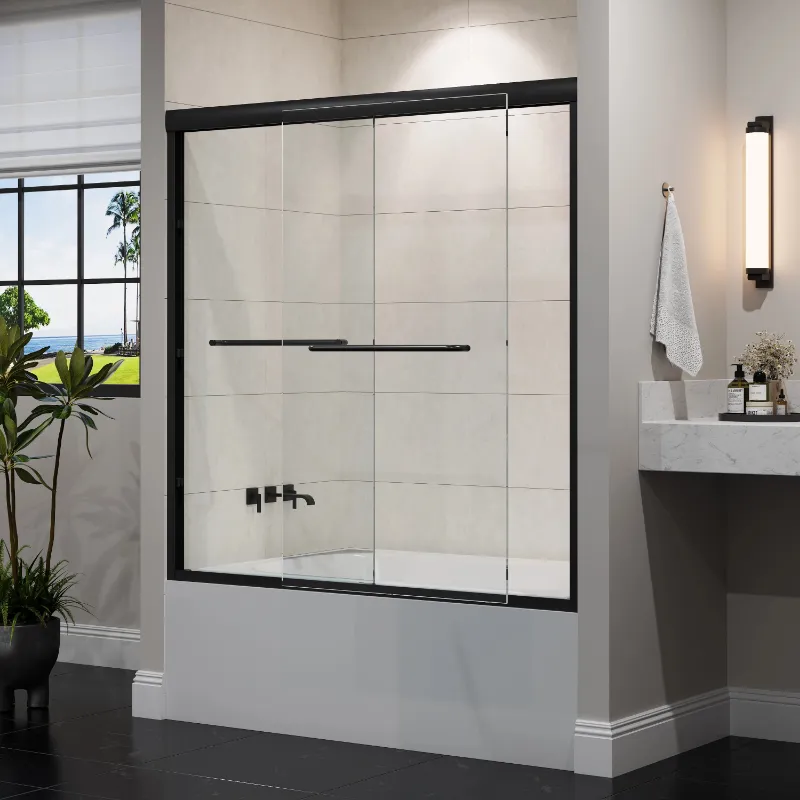 HOROW 60 Inch Matte Black Bathtub Shower Door with anti-jumping tempered glass