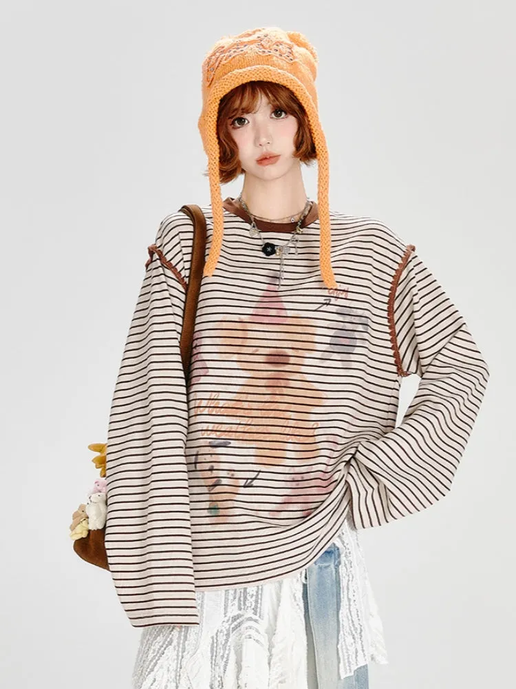 Juwas Bear Print Brown Striped Loose Top laid flat emphasizing the oversized silhouette and repeating brown bear pattern