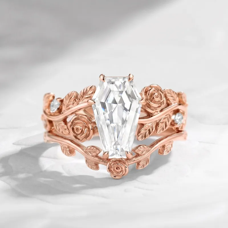 Starlandus A Rose Is A Rose Is A Rose nature inspired coffin colorless moissanite romantic rose flower engagement ring set with flower band
