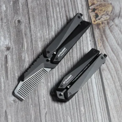 The Stinger Tools Stinger Butterfly Comb in matte black aluminum, folded and open