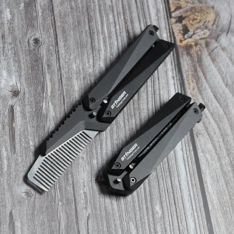 The Stinger Tools Stinger Butterfly Comb in matte black aluminum, folded and open