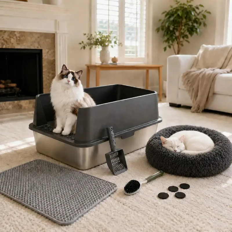 4FurBaby Cozy Cat Home Bundle showing XXL Stainless Steel Cat Litter Box and plush cat bed set
