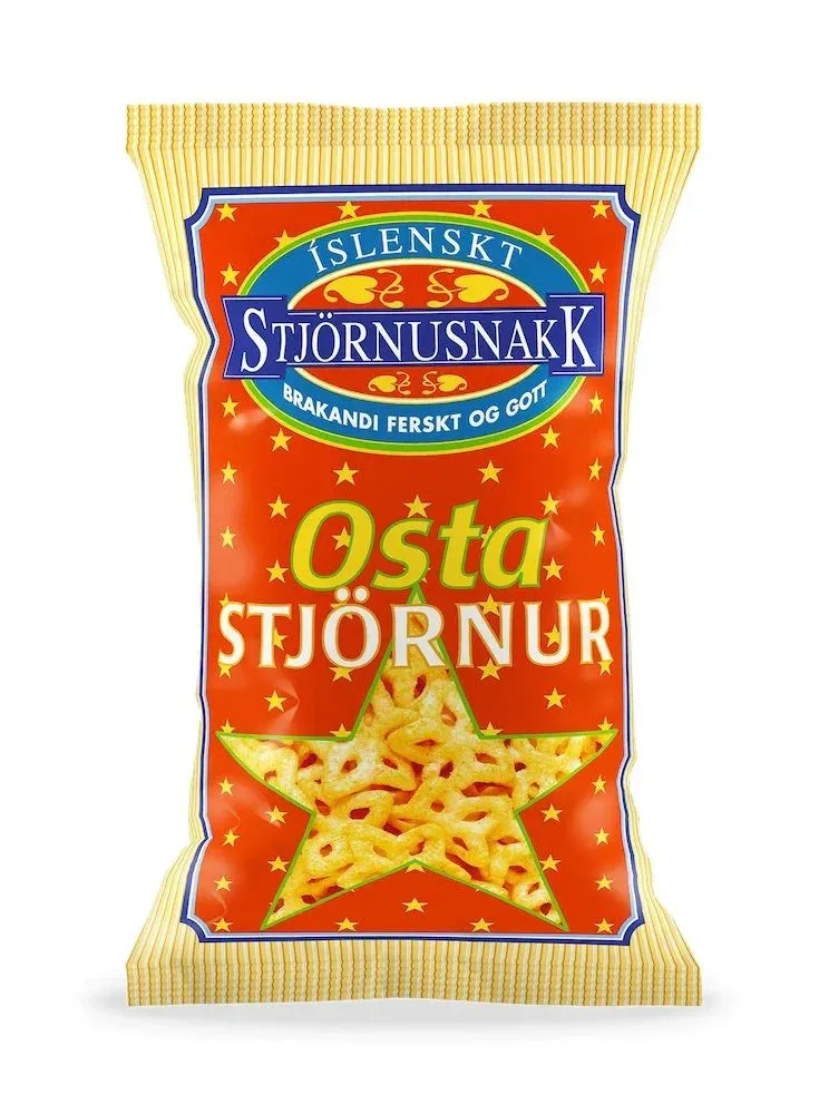 Nammi Cheese Stars Osta Stjörnur (90 gr.) package showing crispy star shaped cheese flavored potato snacks