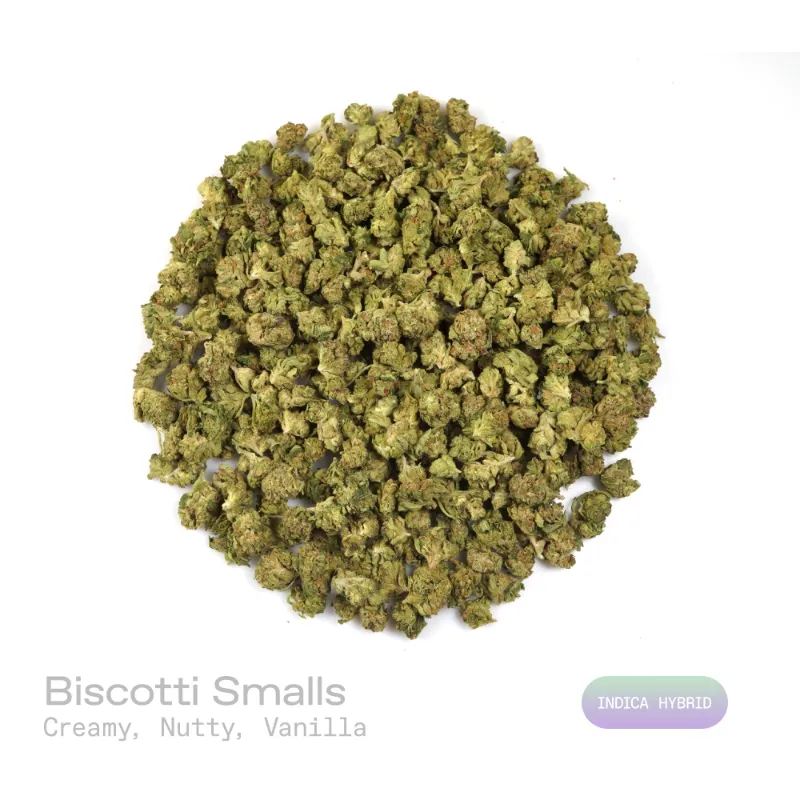 Hipuffy Biscotti THCa Flower Indoor Indica Hybrid smalls dense green and purple buds with orange pistils