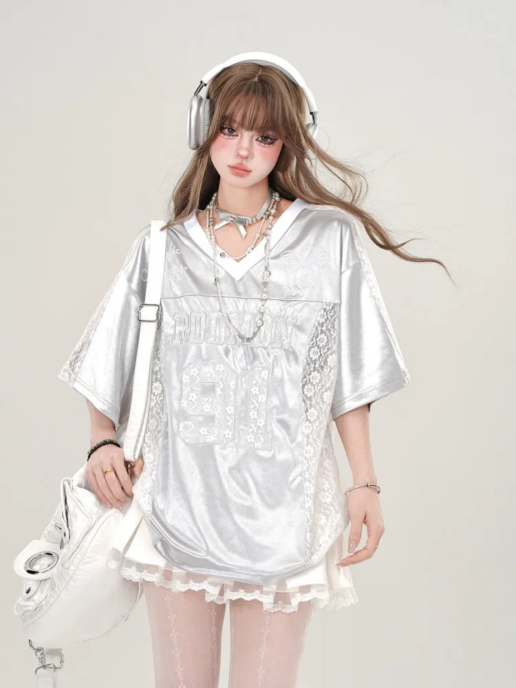 Juwas American-Style V-Neck Embroidered Short-Sleeve Loose Gray T-Shirt for Summer showing the front embroidery detail.