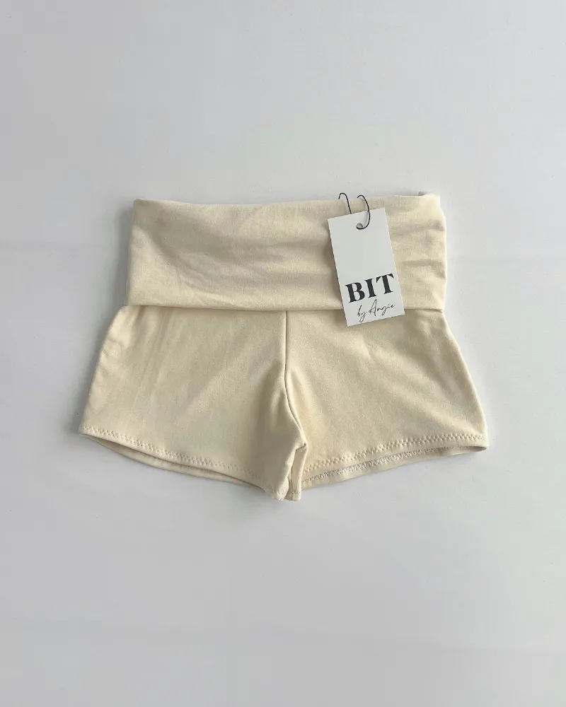 Bit By Angie Basic cotton foldover shorts (Buttermilk) cream foldover shorts on model