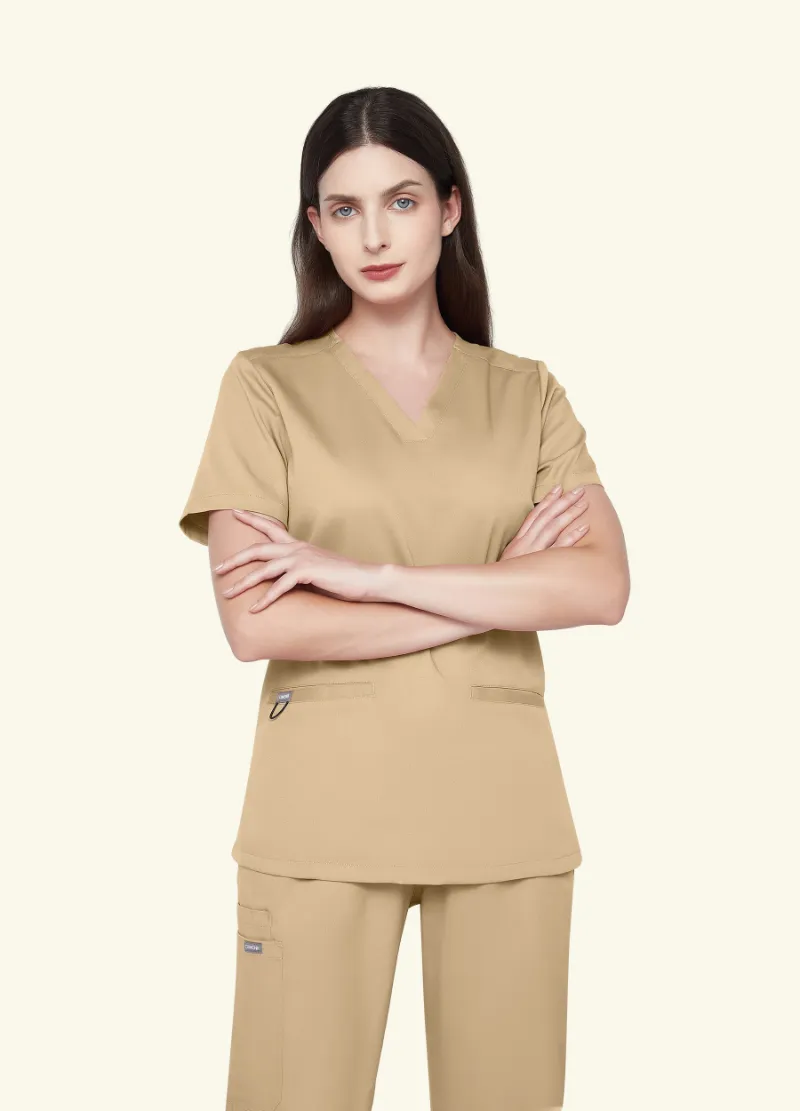 COMENII SoftTouch Essential Scrub Top in Khaki, front view