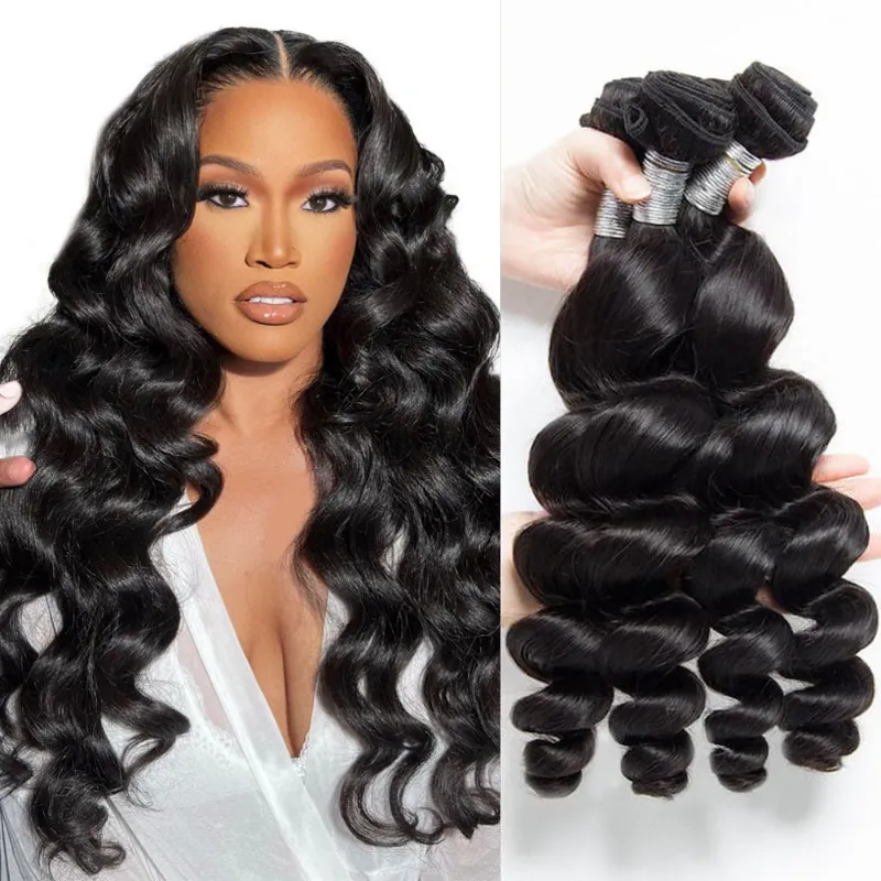 Megalook 10A loose wave hair bundles, three pcs of Brazilian virgin hair extensions in natural black