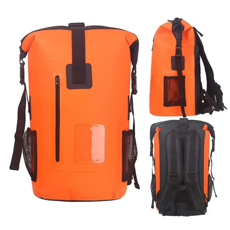 PUPU Sports 35L Waterproof Rolltop Dry Bag Backpack Durable PVC Water Sports Adventure Pack showing front zipper pocket