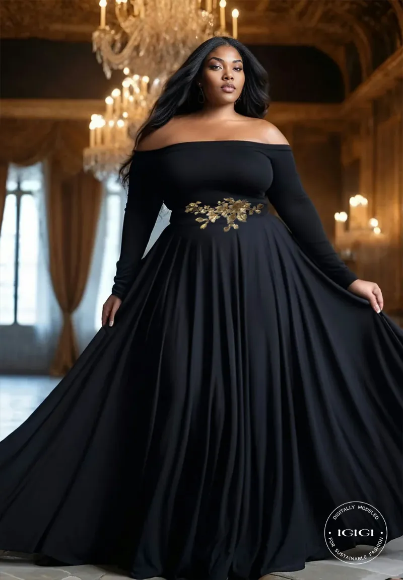 IGIGI Berenice Plus Size Evening Gown in Black off-shoulder embroidered gown
