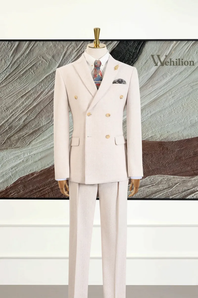 Wehilion Men's Beige Peak Lapel 2 Piece Suits with satin lapels and contrast buttons.