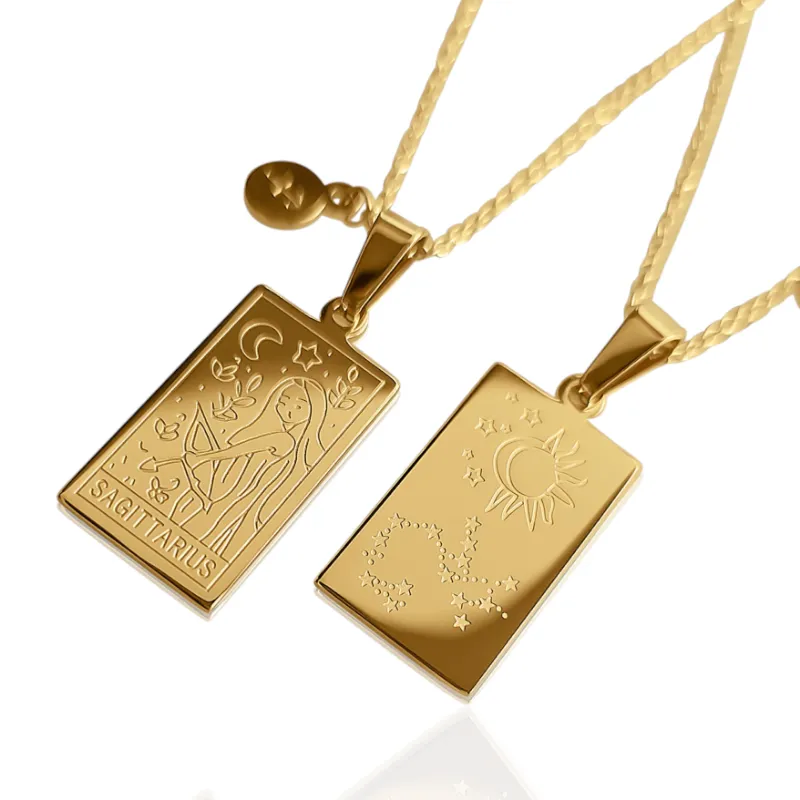 DORSYA Sagittarius Zodiac Constellation Necklace with double-sided pendant showing tarot card and star design