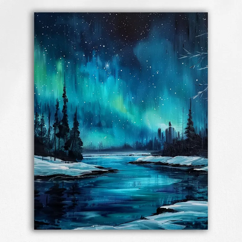 Maikoo Art Aurora Night Sky Paint by Numbers kit showing northern lights scene