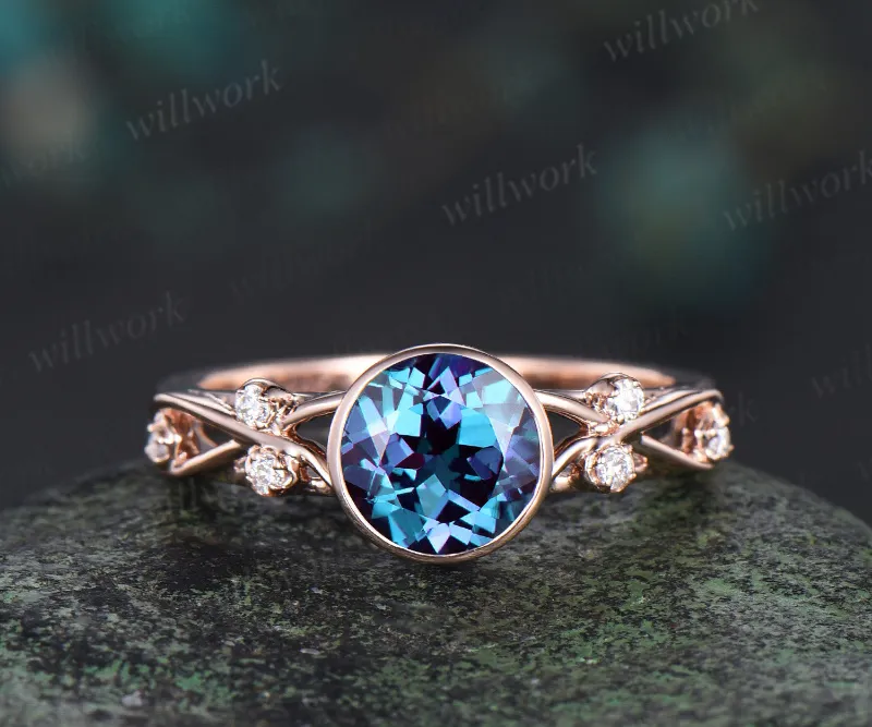 WillWork Jewelry 1ct round cut alexandrite bezel engagement ring split shank infinity diamond ring women unique promise ring