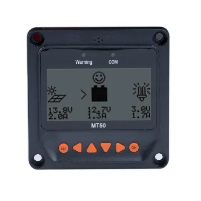 ACOPOWER MT-50 Remote Meter with LCD Display showing the screen interface and connection cable