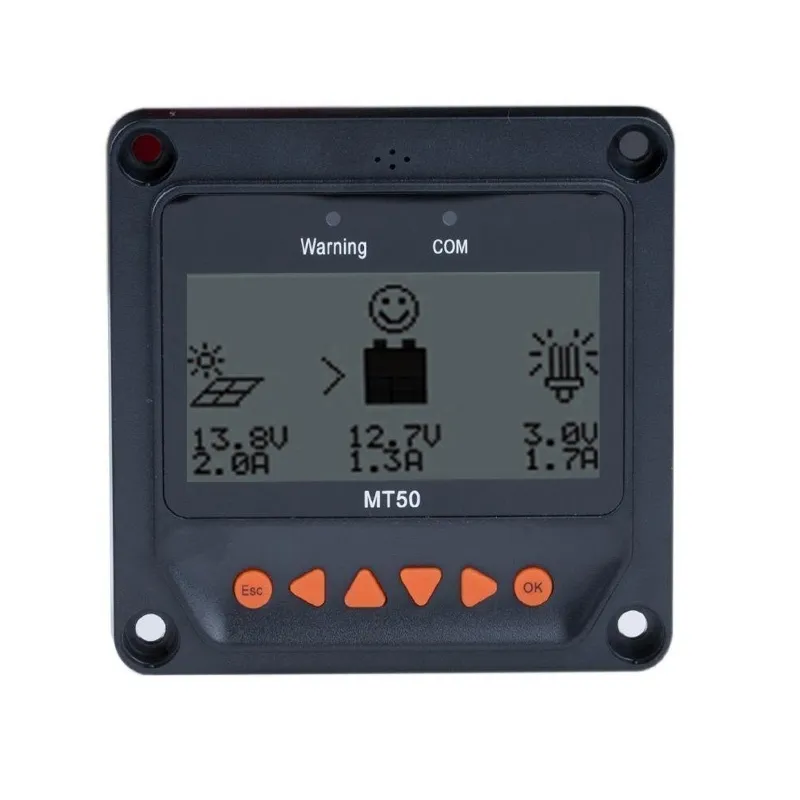 ACOPOWER MT-50 Remote Meter with LCD Display showing the screen interface and connection cable