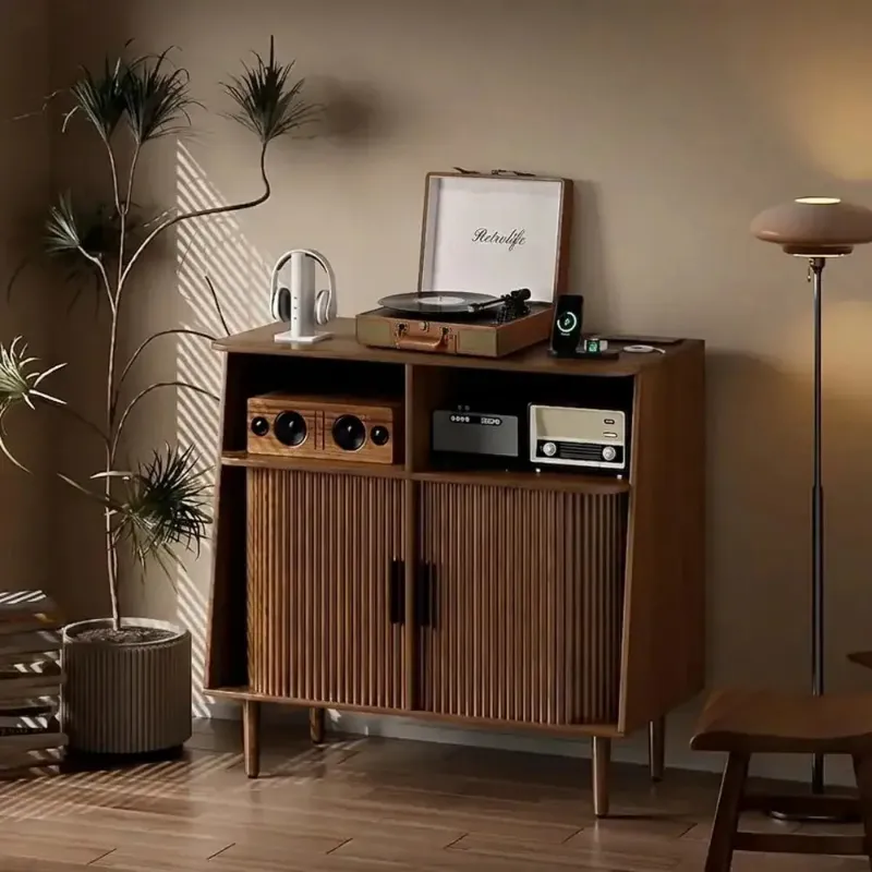 Retrolife Record Player & Vinyl Storage Cabinet with Sliding Doors, Power Outlet 31.5 inch W showing cabinet compartments and top surface