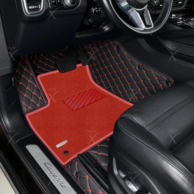 Luxus Car Mats double layer floor mat in black with red stitching and a red top carpet