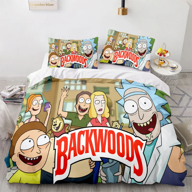 EBuycos Backwoods Rick and Morty Cosplay 3 Piece Bedding Duvet Cover Sets, colorful anime characters on cream background