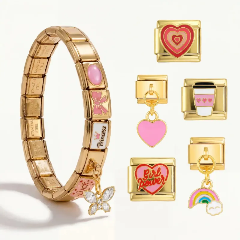 Charms Official Blush Set 10 charms bracelet with pink and gold Italian charms on stainless steel