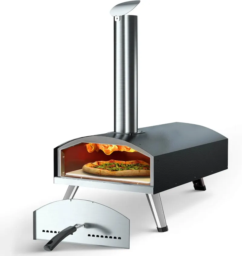 Karinear 12 Wood Fired Pizza Oven Outdoor, stainless steel oven with foldable legs and chimney