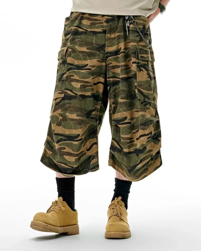 INFLATION Camo Cargo Baggy Shorts in camouflage print with multiple utility pockets and relaxed fit