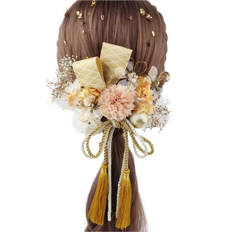 Foxtume Handmade Tsumami Kanzashi Hairpin 15 Piece Set Golden Wedding with gold accents