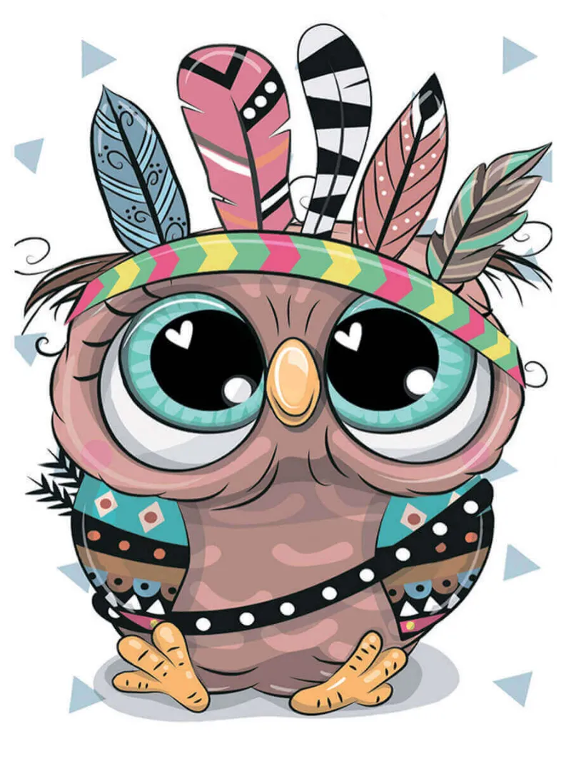 Varvikas 5D Diamond Painting The Indian LC035e, cartoon owl with turquoise eyes and colorful feather headdress